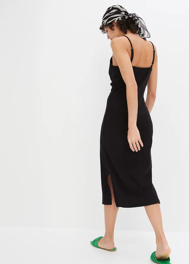 Geribde bodycon jurk van elastische katoenmix, Kleur: zwart
