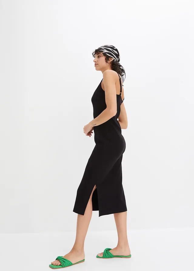 Geribde bodycon jurk van elastische katoenmix, Kleur: zwart