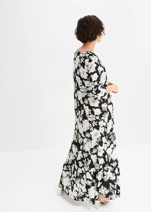 Robe longue en viscose fluide, Couleur: noir/crème floral