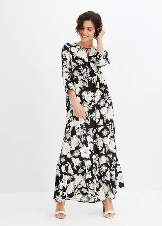 Rochie maxi din viscoză fluidă • negru-crem floral • magazin bonprix