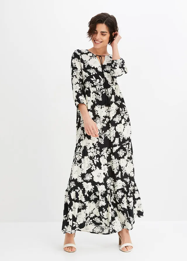 Gedessineerde maxi jurk van vloeiende viscose • zwart-crème gebloemd • product-page.page-title-suffix