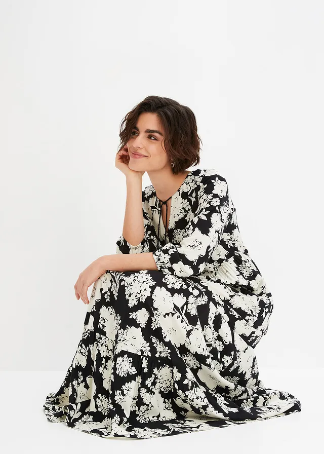 Gedessineerde maxi jurk van vloeiende viscose • zwart-crème gebloemd • product-page.page-title-suffix