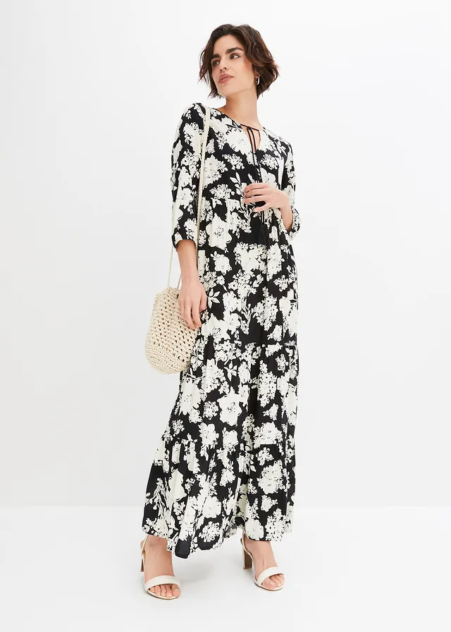 Gedessineerde maxi jurk van vloeiende viscose • zwart-crème gebloemd • product-page.page-title-suffix