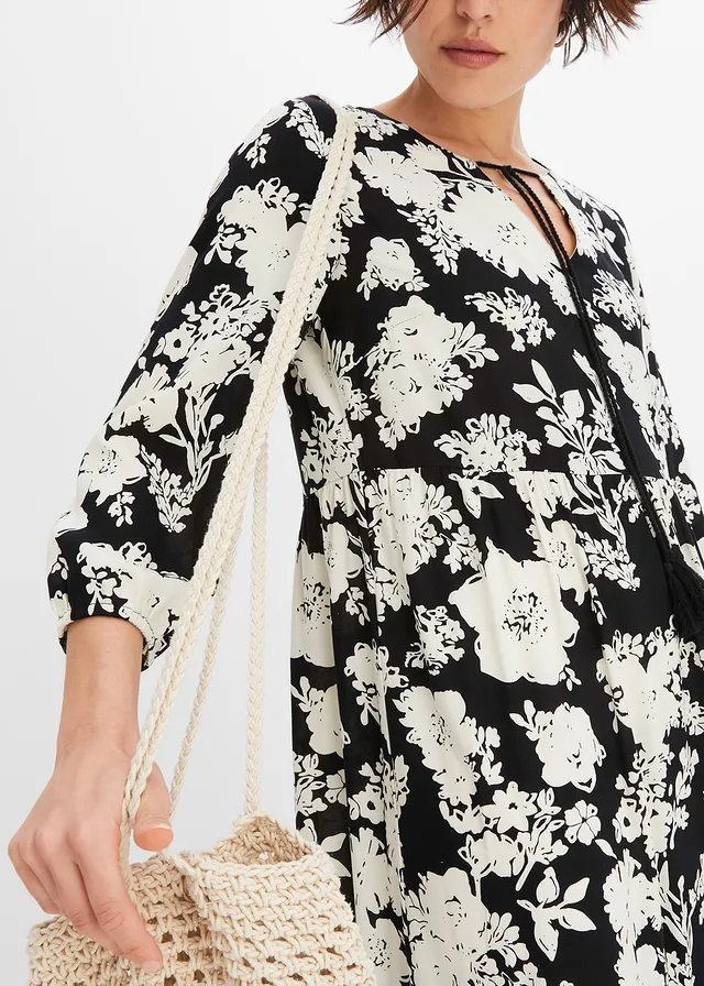 Gedessineerde maxi jurk van vloeiende viscose • zwart-crème gebloemd • product-page.page-title-suffix