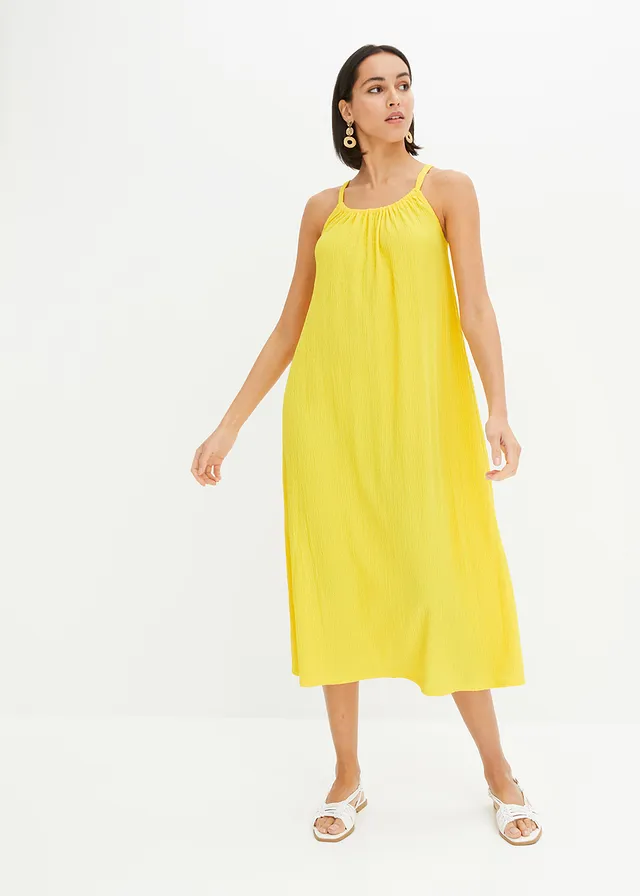 Robe légère à bretelles en crêpe, Couleur: jaune jonquille