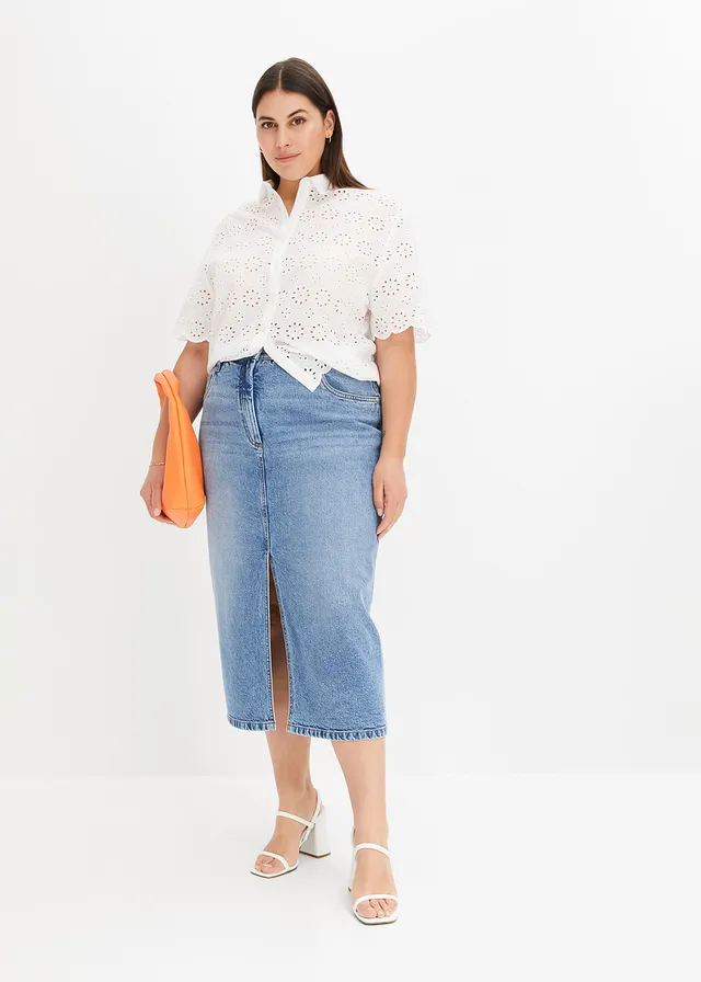 Spijkerrok met split, Kleur: blauw denim