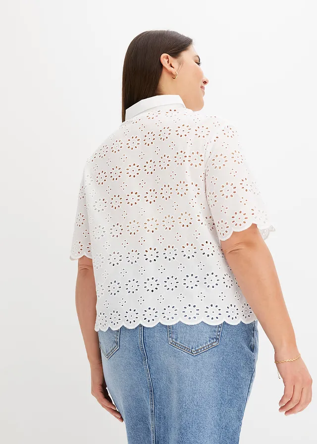 Blouse met korte mouw van puur katoen, Kleur: wit