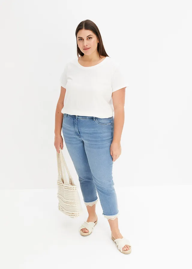 Jean extensible avec bordure en bas de jambe, Couleur: bleu denim