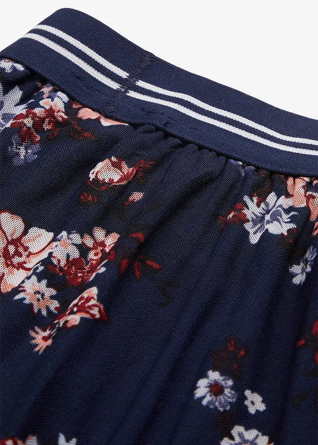 Midi rok met van mesh elastische comfortband • donkerblauw - zwart gebloemd • product-page.page-title-suffix