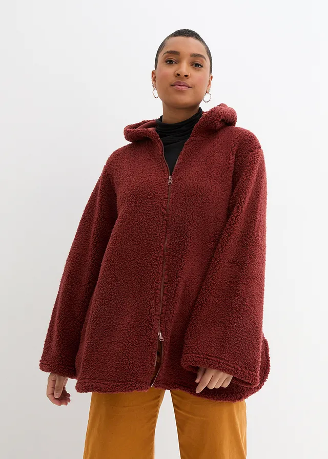 Teddy fleece vest in A-lijn met zijsplitten, Kleur: amandelbruin