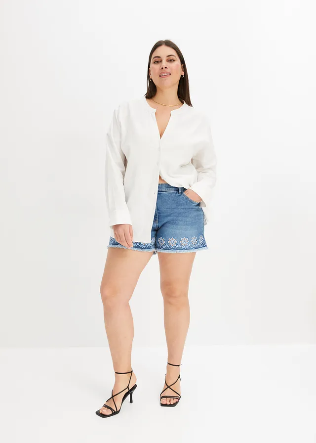 Jeans short met broderie anglaise, Kleur: blauw denim