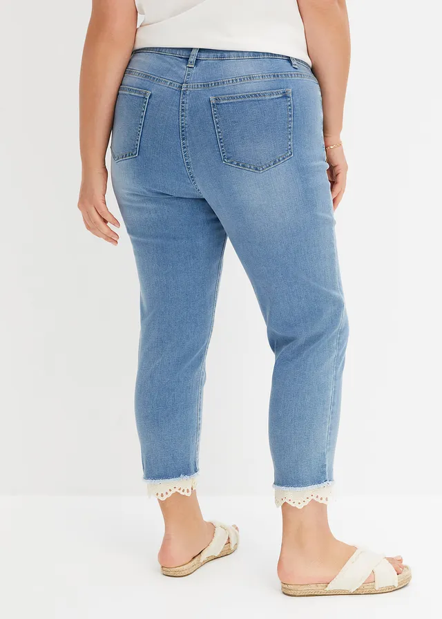 Jean extensible avec bordure en bas de jambe, Couleur: bleu denim