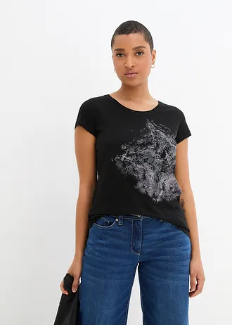 Bavlněné tričko se žíhaným vláknem, krátký rukáv • černá s potiskem • bonprix obchod