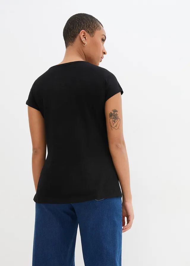 T-shirt coton fil flammé, manches courtes, Couleur: noir imprimé