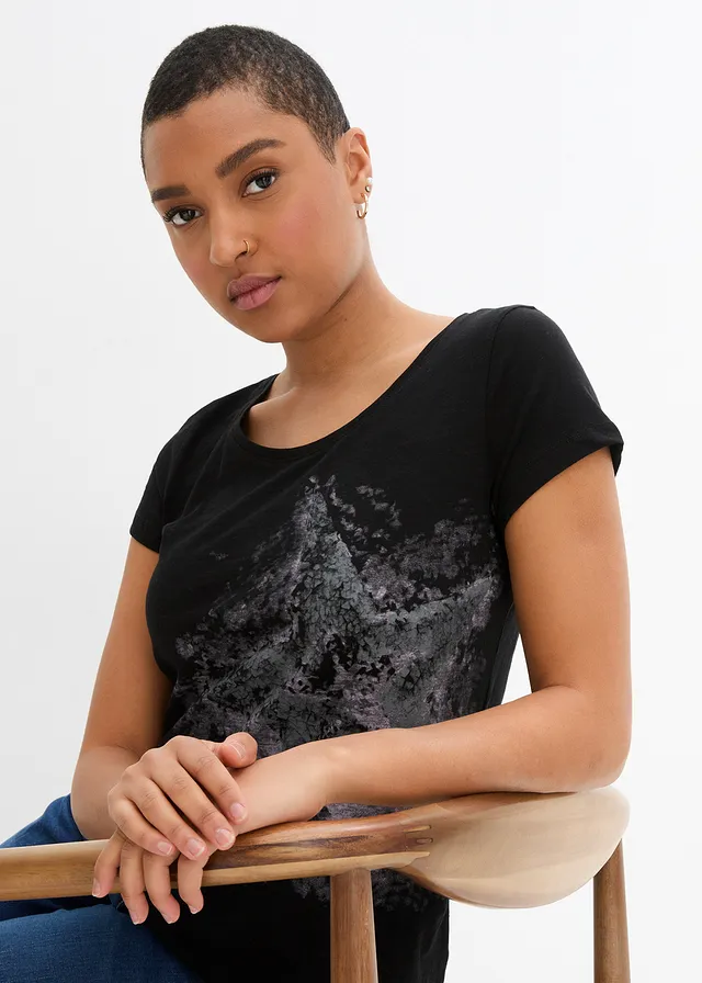 Katoenen shirt van slub garen, korte mouw • zwart met print • product-page.page-title-suffix