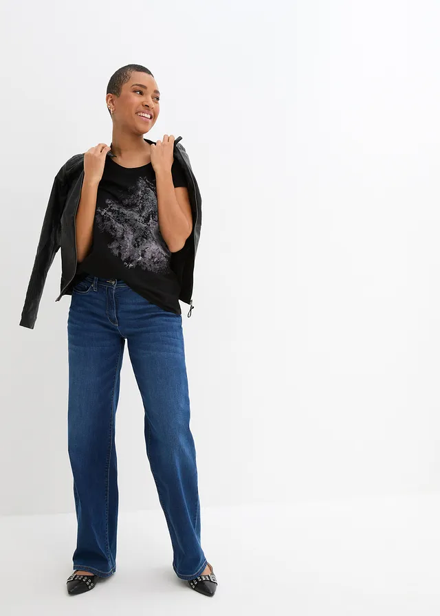 T-shirt coton fil flammé, manches courtes, Couleur: noir imprimé