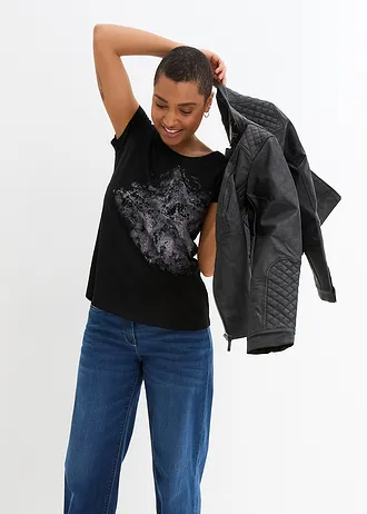 Bavlněné tričko se žíhaným vláknem, krátký rukáv • černá s potiskem • bonprix obchod