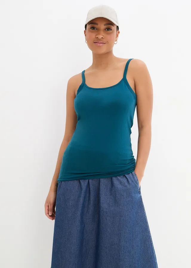 Lot de 2 tops longs coton bretelles spaghetti, Couleur: pétrole+noir