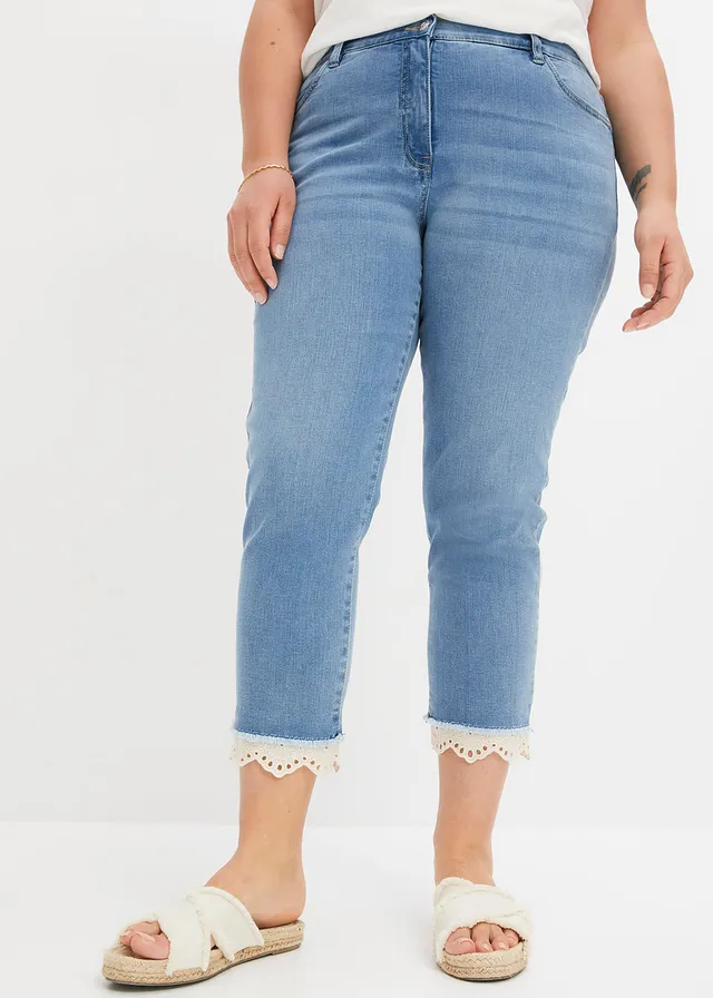 Stretch jeans met kanten boordjes, Kleur: blauw denim