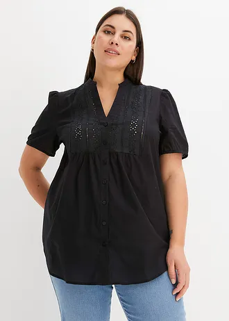 Blouse met broderie anglaise, Kleur: zwart