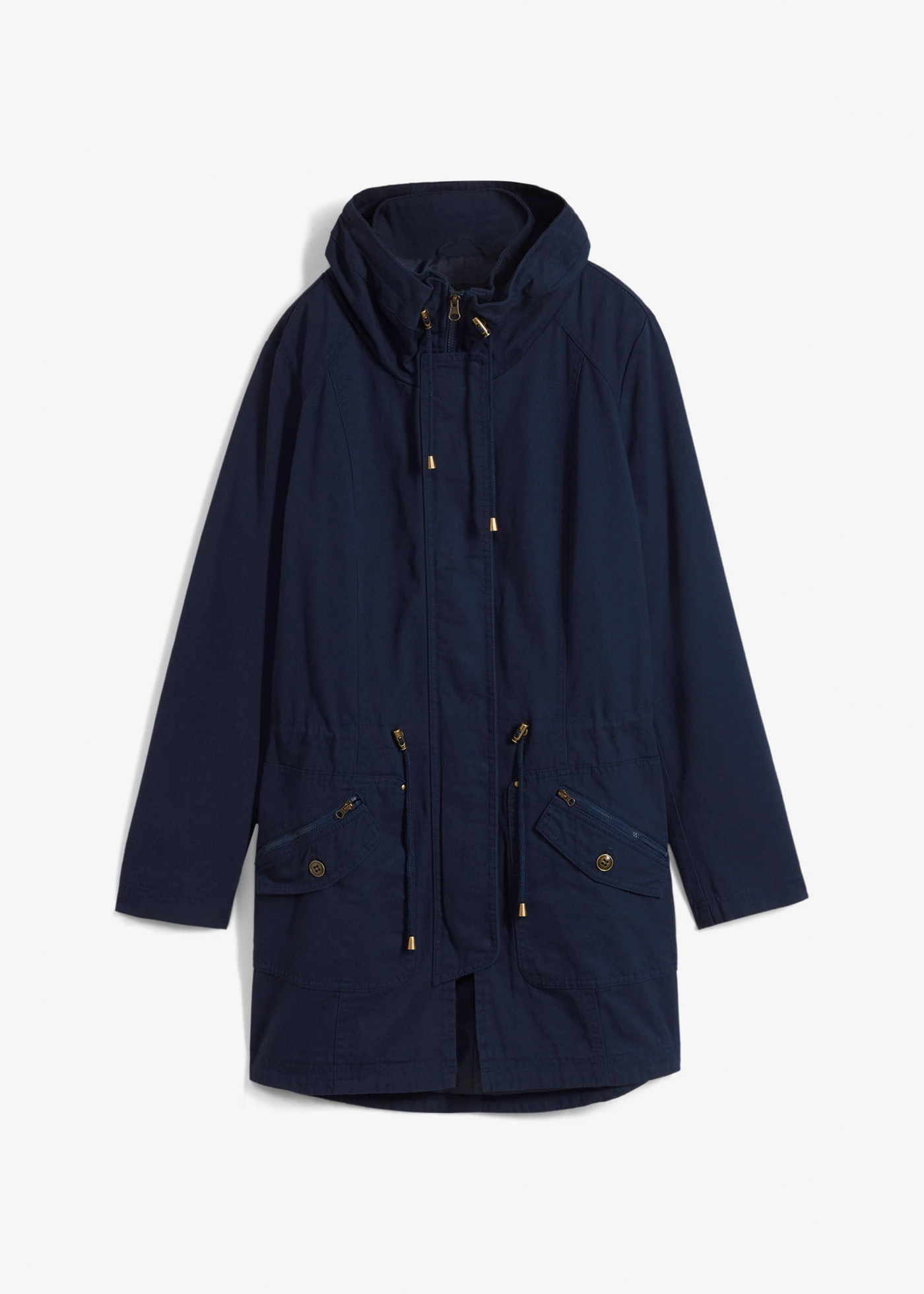 Korte katoenen parka met opstaande kraag, getailleerd • donkerblauw • bonprix online shop