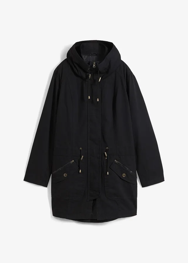Korte katoenen parka met opstaande kraag, getailleerd • zwart • bonprix online shop