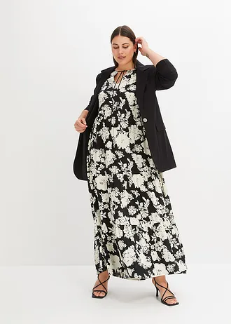 Rochie maxi din viscoză fluidă, culoare: negru-crem floral