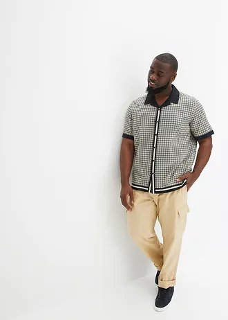 Linnen overhemd met korte mouwen, Kleur: kiezelgrijs-zwart