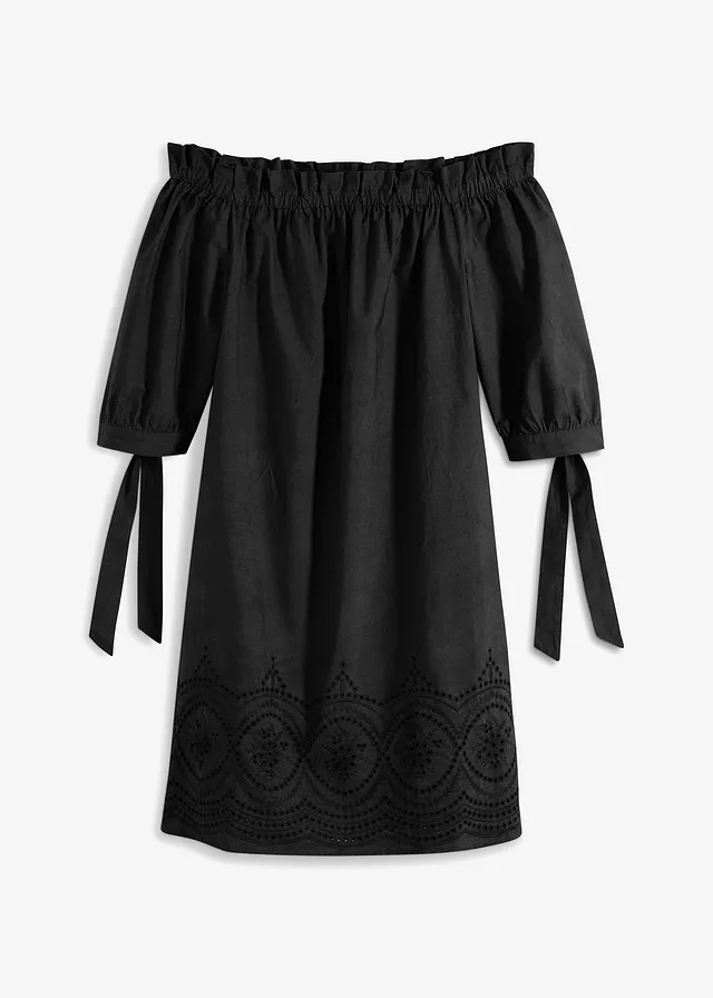 Robe col Bardot 100% coton avec broderies anglaises • noir • Boutique bonprix