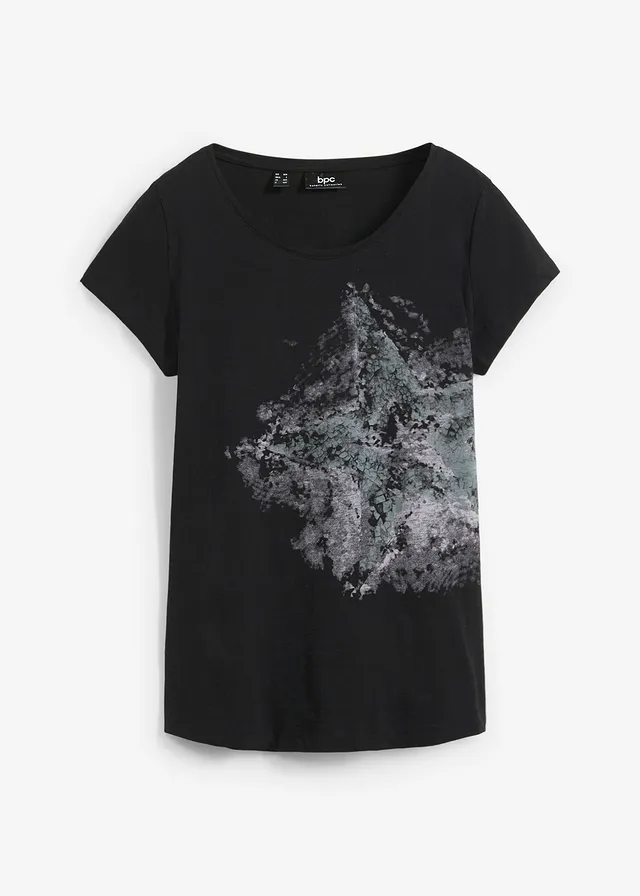 T-shirt coton fil flammé, manches courtes, Couleur: noir imprimé