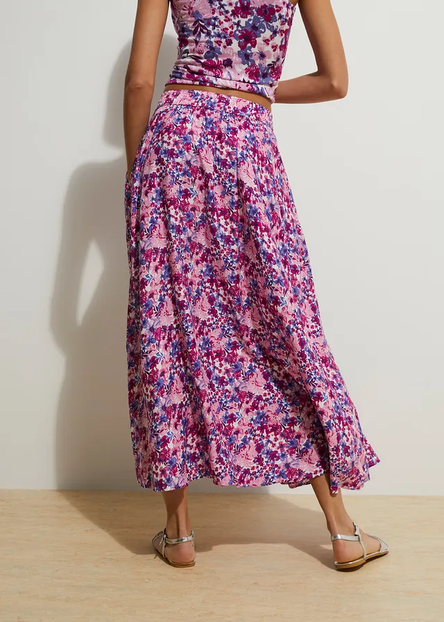 Jupe longue 100% viscose, Couleur: violet foncé-rose fuchsia floral