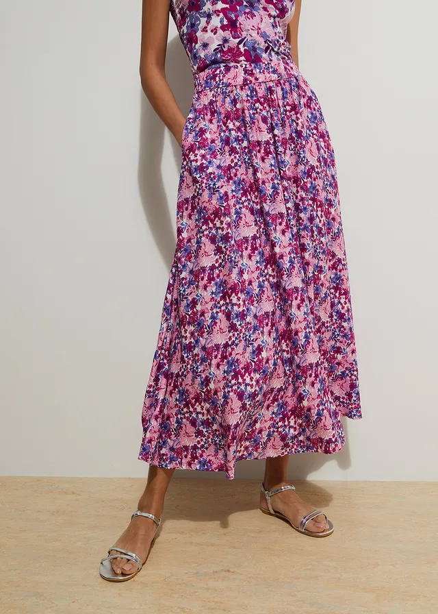 Jupe longue 100% viscose, Couleur: violet foncé-rose fuchsia floral