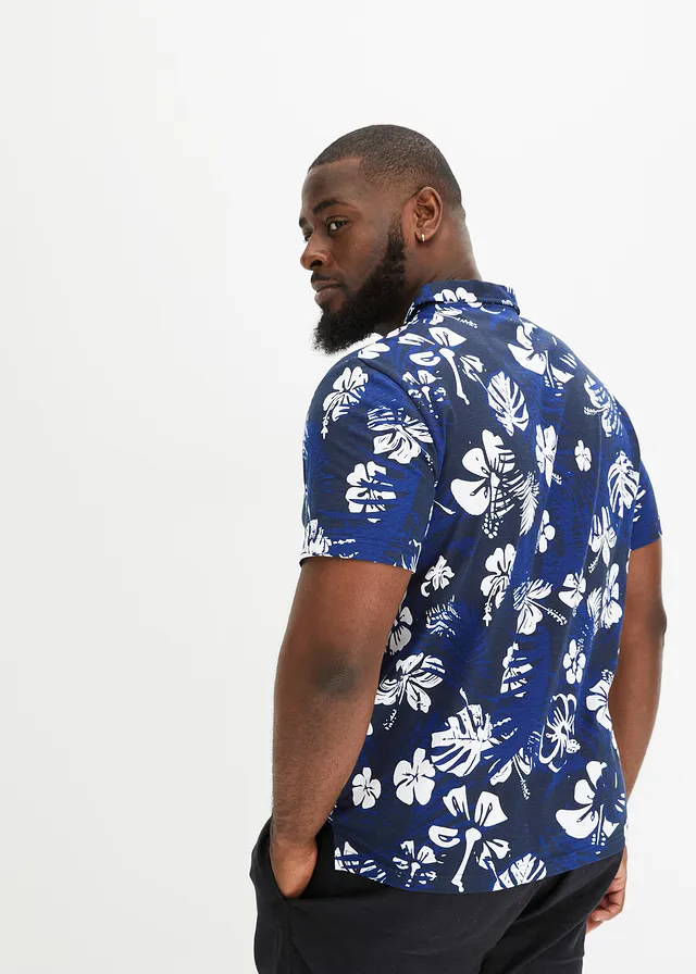 Jersey poloshirt van biologisch katoen, korte mouw, Kleur: donkerblauw gebloemd