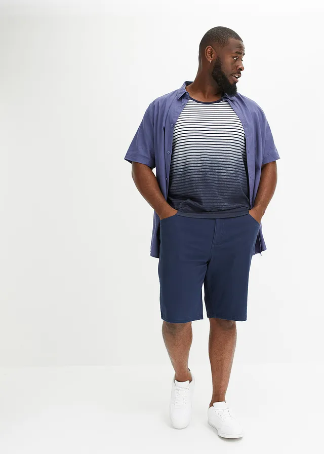 Overhemd met linnen, korte mouw, Kleur: indigo