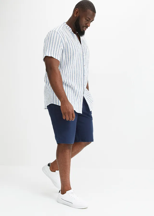 Overhemd in crinkle look met korte mouwen, Kleur: blauw gestreept