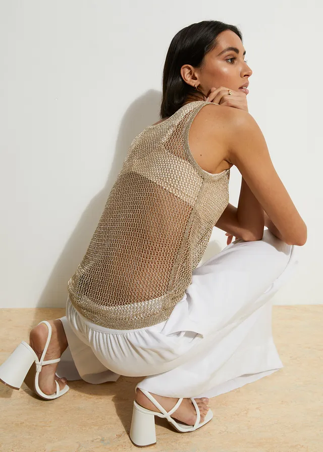 Gebreide top in een zachte viscosemix, Kleur: goudkleur