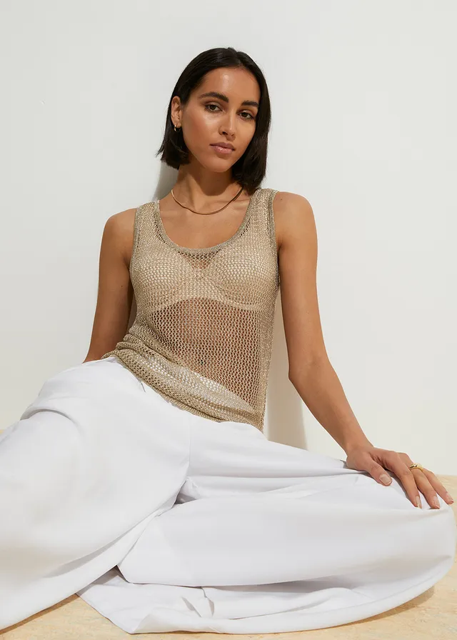 Gebreide top in een zachte viscosemix, Kleur: goudkleur