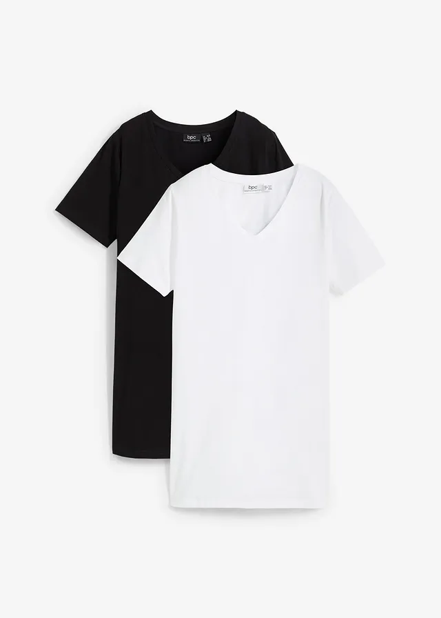 Lot de 2 T-shirts longs col V • noir/blanc • Boutique bonprix