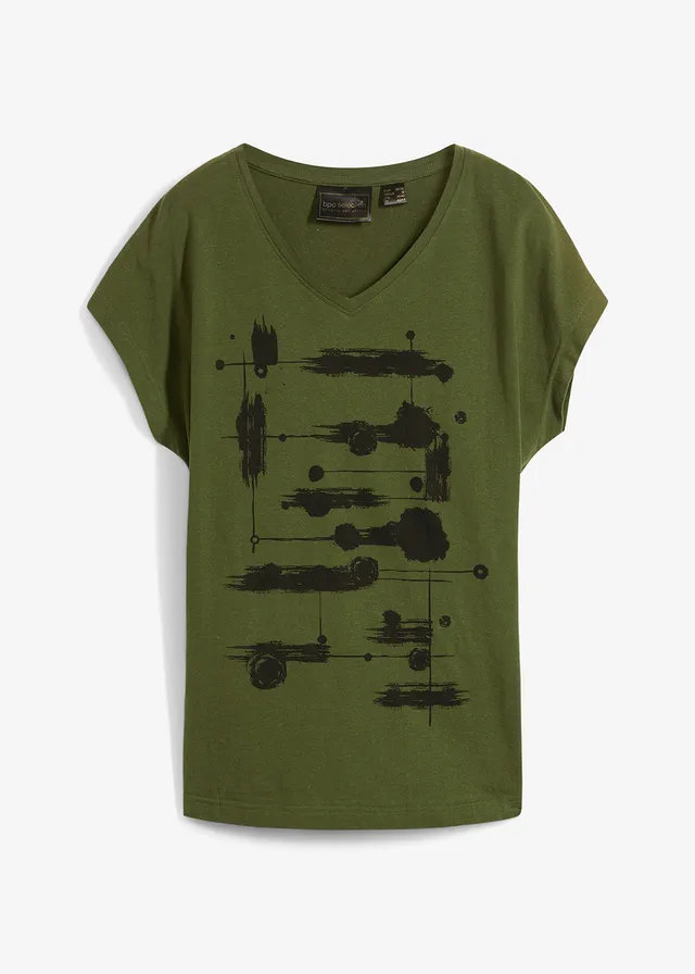 T-shirt, Couleur: kaki foncé/noir imprimé