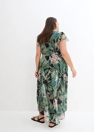 Combinaison avec drapé en mousseline, Couleur: olive foncé/noir imprimé