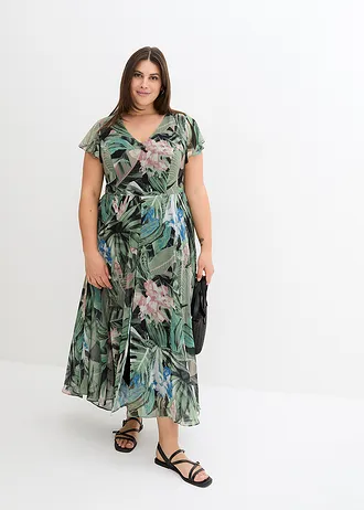 Combinaison avec drapé en mousseline, Couleur: olive foncé/noir imprimé