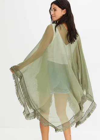 Poncho en tissu transparent à franges • olive • Boutique bonprix