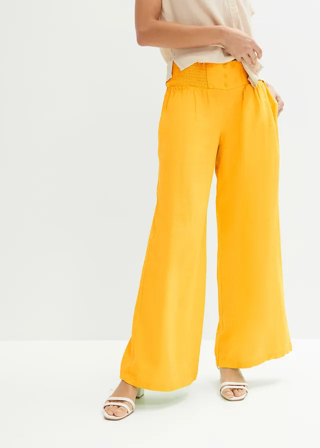 Pantalon large et léger à pinces en lin mélangé, Couleur: jaune jonquille