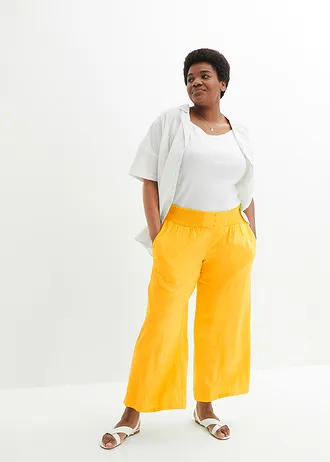 Marlene Dietrich broek in een luchtige linnenmix, Kleur: narcisgeel