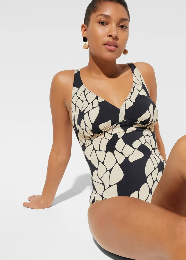 Medium corrigerend badpak met een V-hals, Kleur: zwart/beige met print