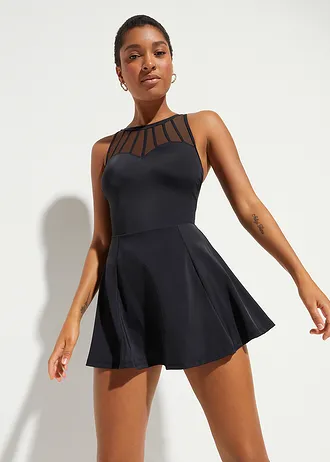 Stahovací koupací šaty s průhlednou síťovinou, střední tvarující efekt • černá • bonprix obchod