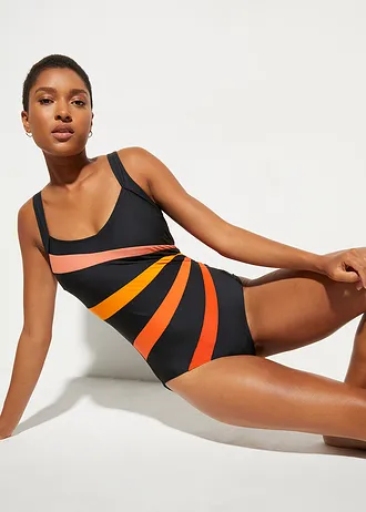 Maillot sculptant à empiècement, maintien modéré • noir-orange rayé • Boutique bonprix