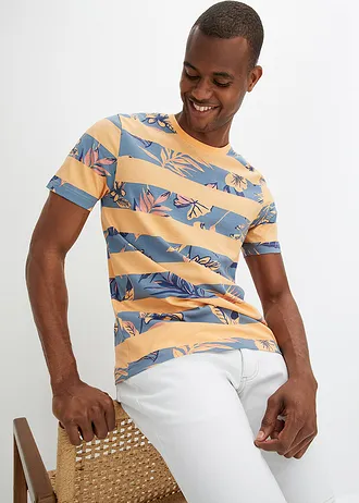 T-shirt, Couleur: abricot/indigo clair/beige foncé/bleu mat rayé diagonal