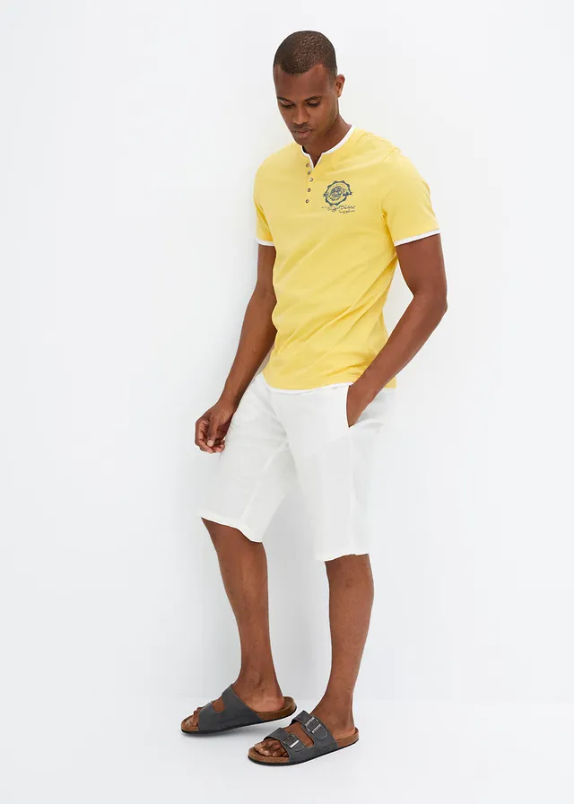 Henley shirt met korte mouwen (set van 2), van biologisch katoen, Kleur: zonnegeel+donkerblauw+wit