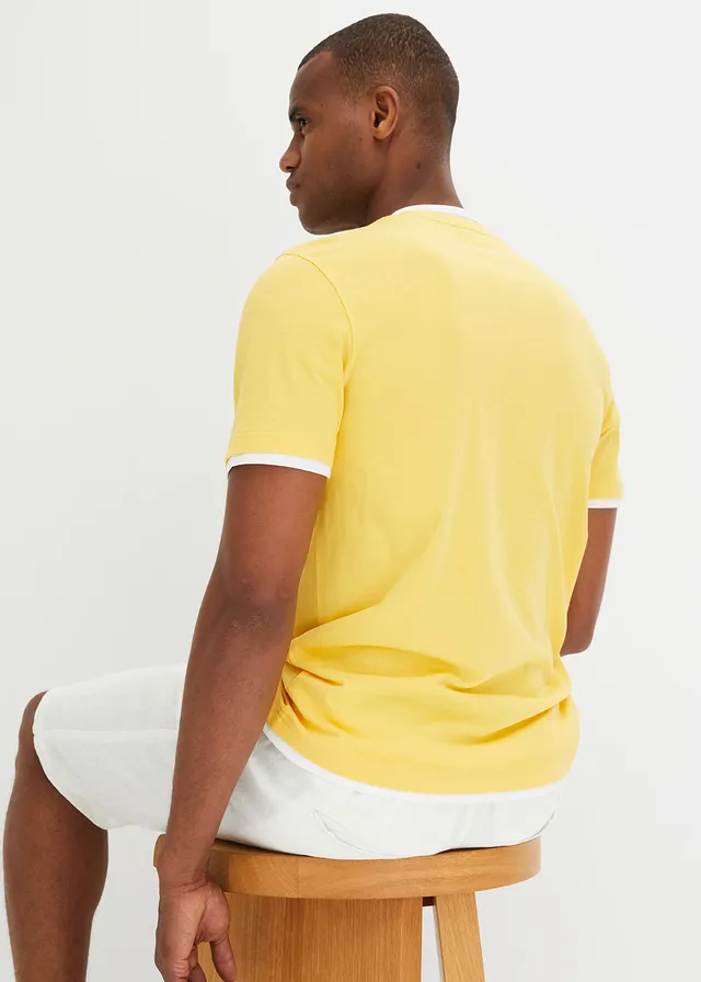 Lot de 2 t-shirts col tunisien 100 % coton, Couleur: jaune soleil+bleu foncé+blanc